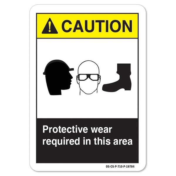 ANSI Caution, Protective Wear Required In This Area, Eye Head Foot, 14in X 10in, A-1014-L-19784